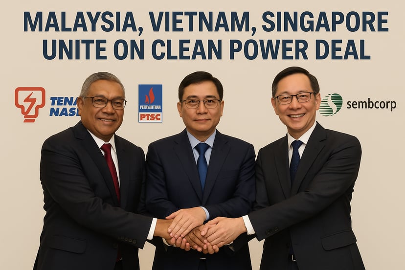 three business men shaking hands with their corporate energy company logos behind them
