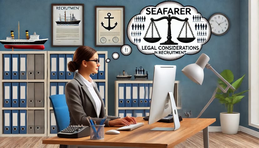 A woman working in maritime recruitment with a thought bubble above her head indicating she is thinking about legal aspects of recruitment