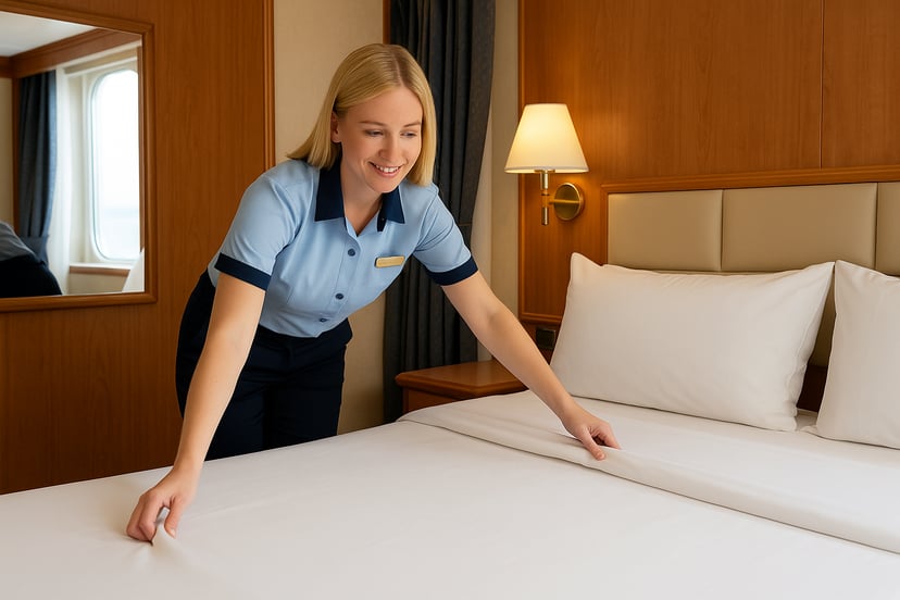 a stewardess making a guest bed in a cabin