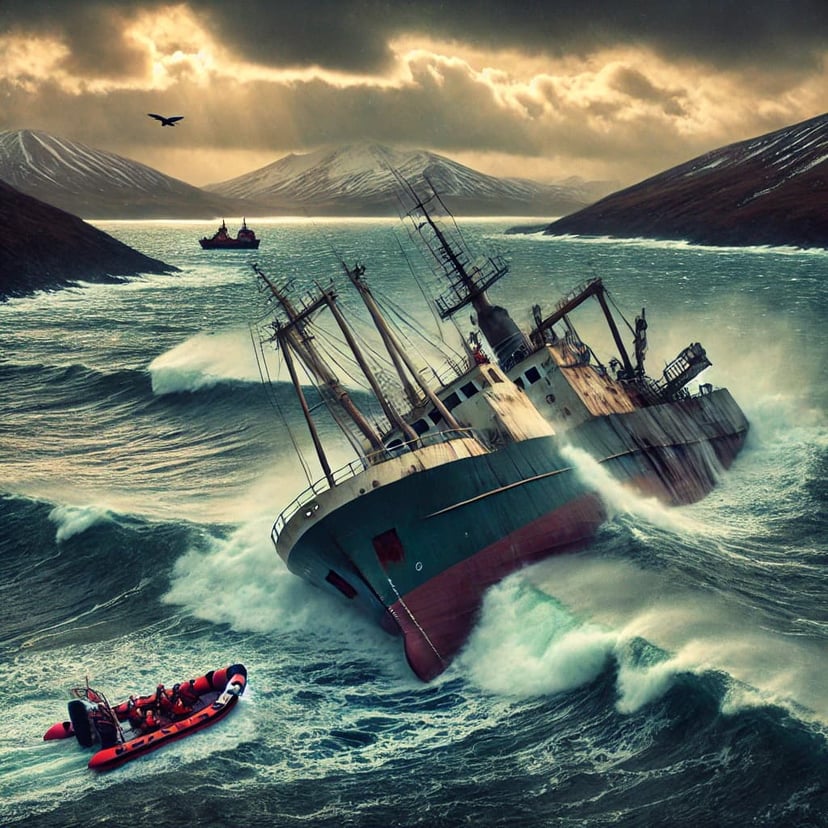 A fishing vessel taking on water off the coast of the Falkland Islands