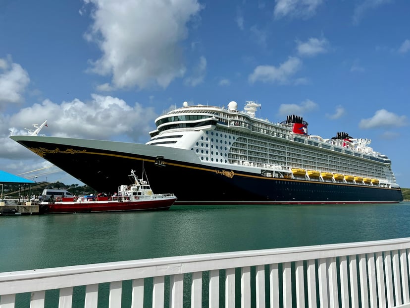 The Disney Fantasy cruise ship in a port