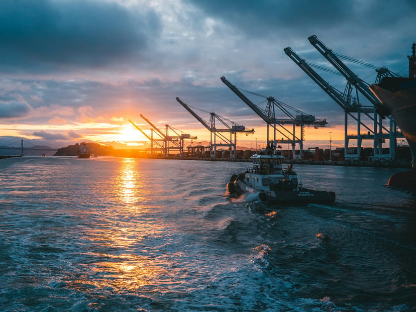 Cranes at the Port of Oakland, CA at sunset