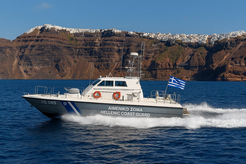 the Greek / Hellenic Coast Guard sailing past one of the Greek islands 