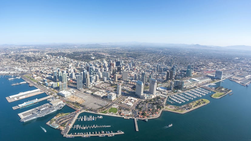 An aerial view of San Diego and its port and harbors