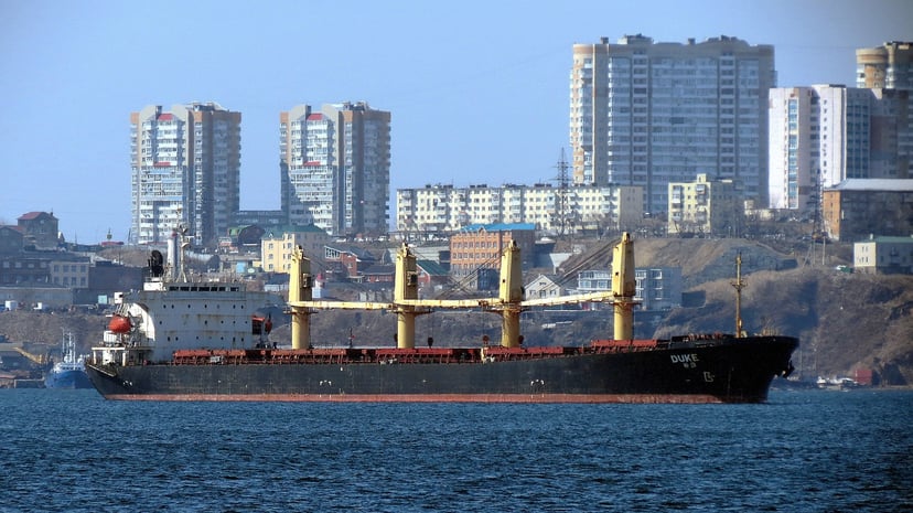 a bulk carrier ship sailing past tower blocks on a coastline