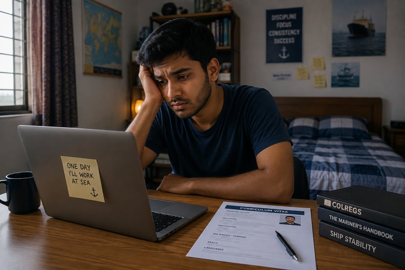 A despondent young man looking at his laptop for maritime jobs with his chin in his hands