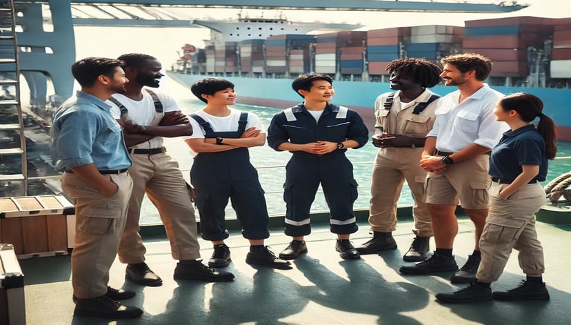 seafarers working in maritime jobs on deck standing around chatting