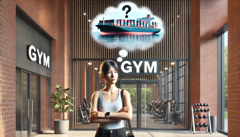 A woman standing outside a gym with a thought bubble containing a cargo ship and a question mark
