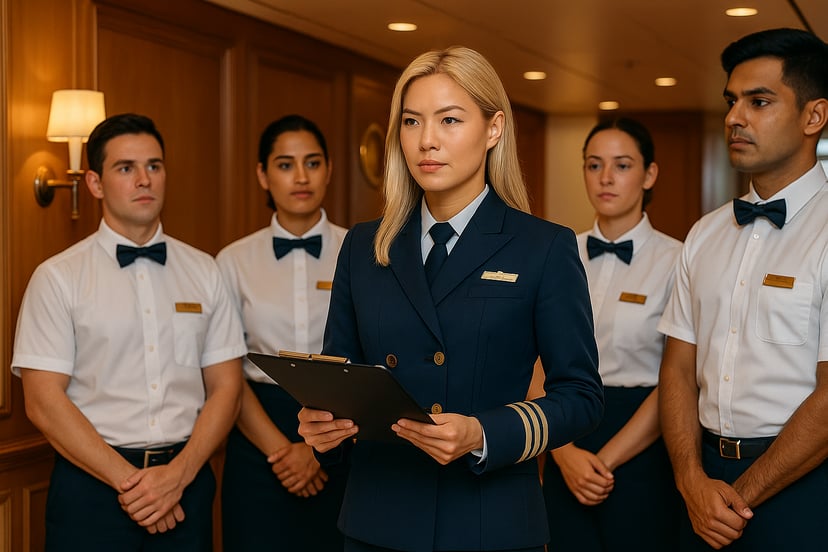 a woman working in a Chief Steward job briefing her interior team