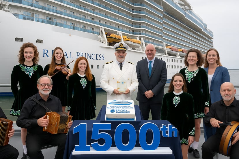 Irish dancers, musicians, representatives and ship's captain standing in front of the Regal Princess