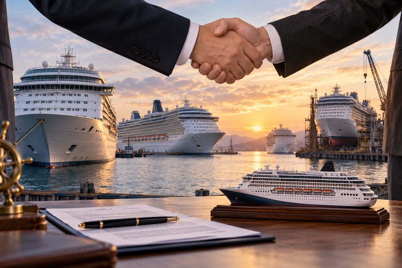 Two men in business attire shaking hands above a contract with cruise ships at a dock in the background
