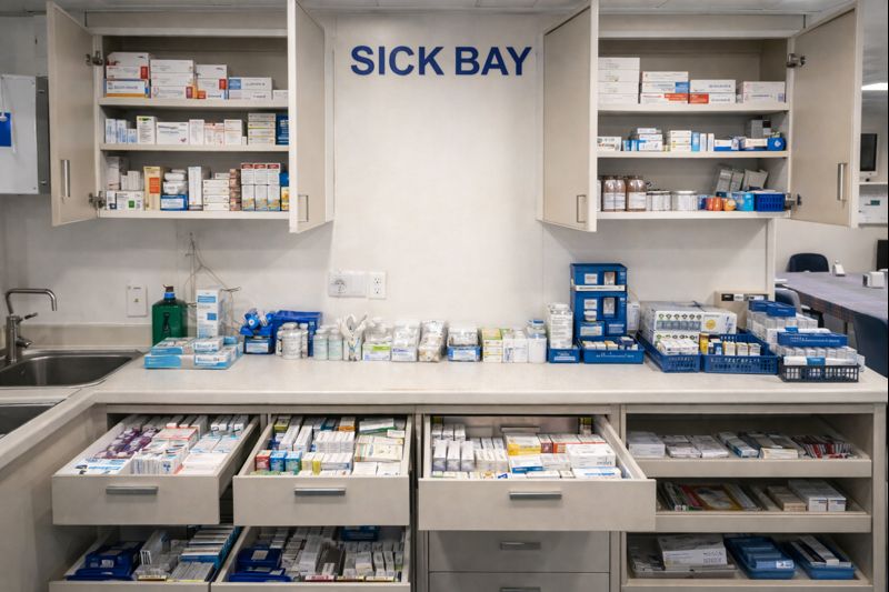 medical supplies and medicines in a ship's sick bay