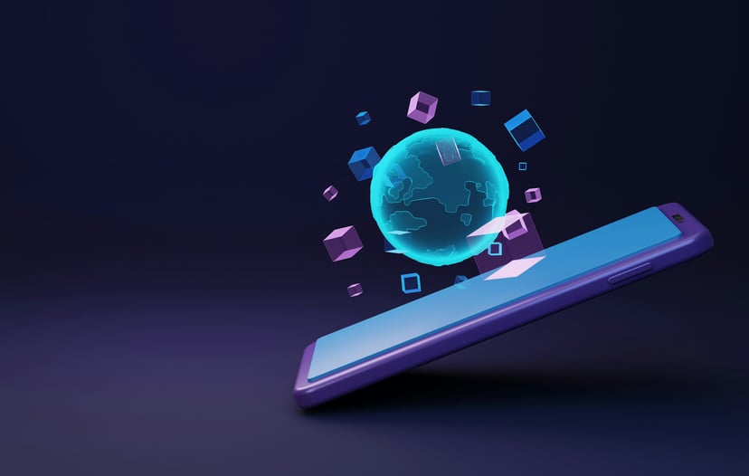 a globe and cubes popping out of a smartphone