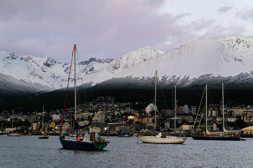 The town of Ushuaia, Argentina with small boats in its harbor