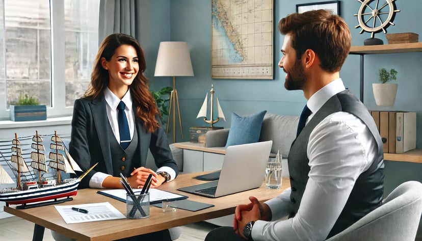 smiling woman and man in a maritime job interview