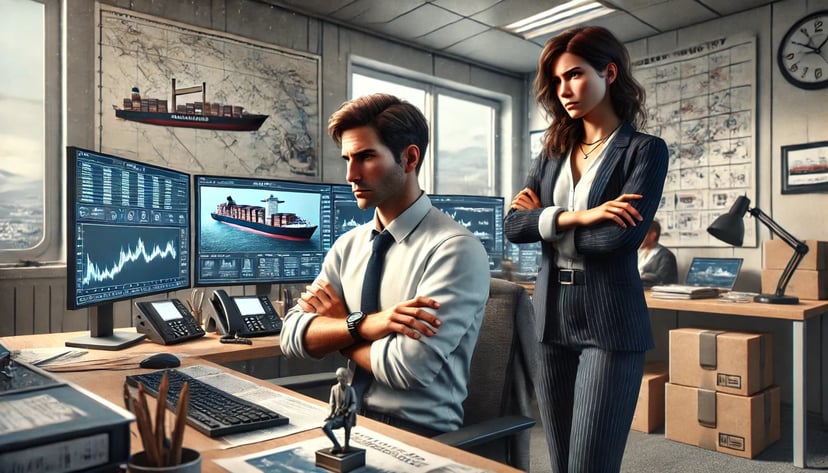 man and woman in a maritime officer with their arms crossed, clearly unhappy