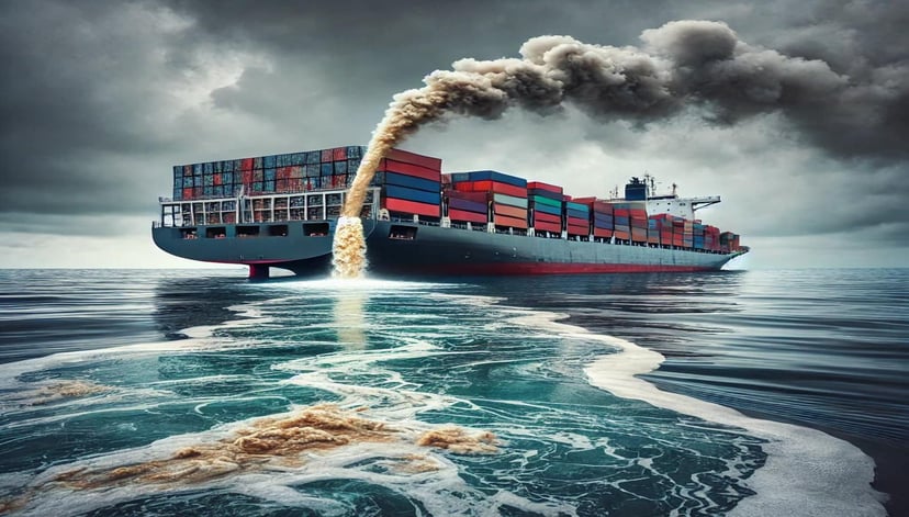 a container ship pumping contaminated water into the sea while also emmiting fumes