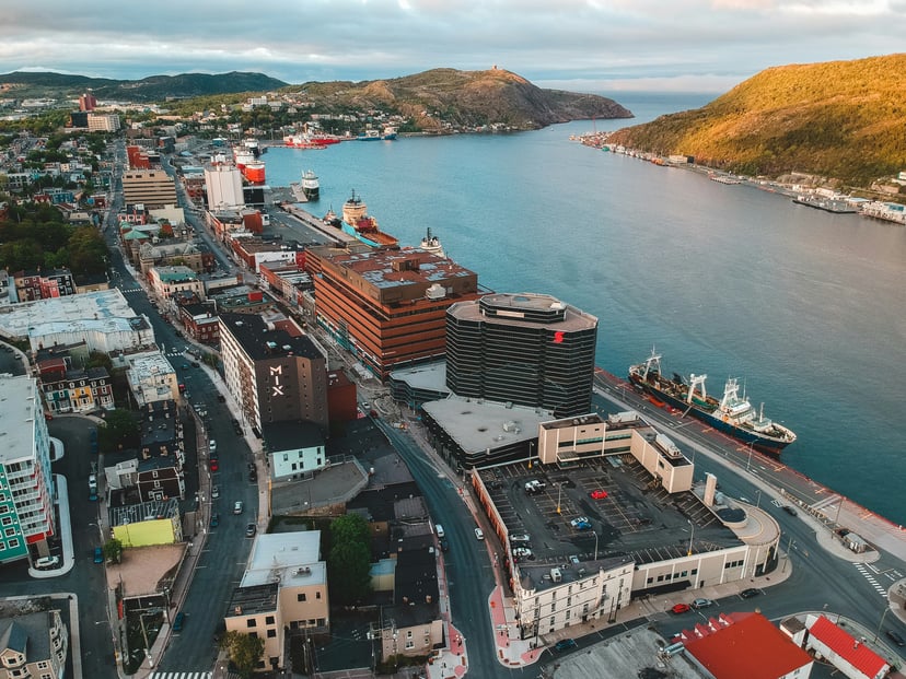 Ships moored at a port in Newfoundland and Labrador, Canada