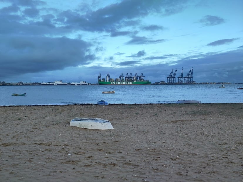 An Evergreen vessel seen across the water at Harwich Port, UK