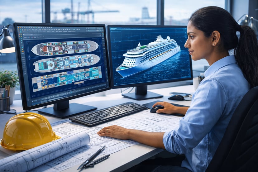 A woman sitting at a desk looking at a CAD image of a cruise ship on her screens