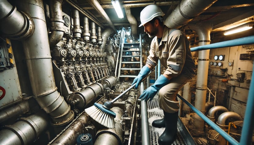 a man cleaning the ship's engine with a broom