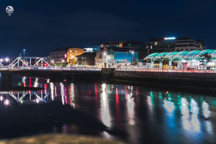 the river and port in Cork, Ireland at night