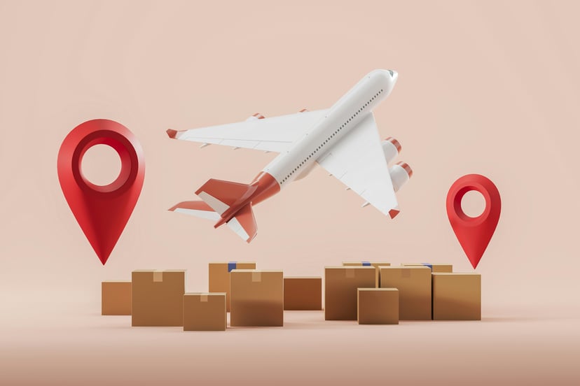 An airplane taking off over brown cartons with two map pins either side