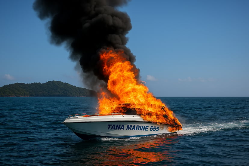 The speedboat Tana Marine 555 on fire