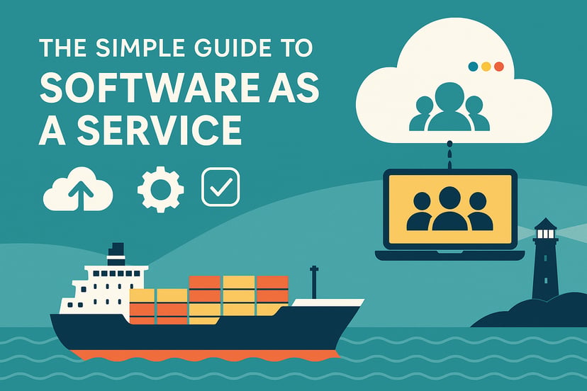 the words 'the simple guide to software as a service with an image of a container ship, laptop and lighthouse