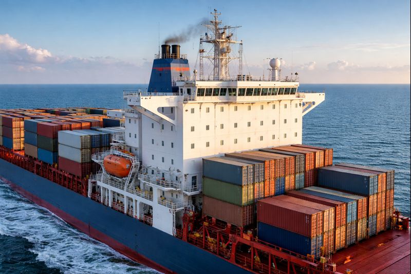 a container ship at sea clearly showing the superstructure