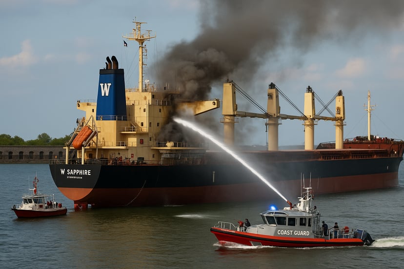 Fireboats putting out the blaze onboard the W-Sapphire bulk carrier