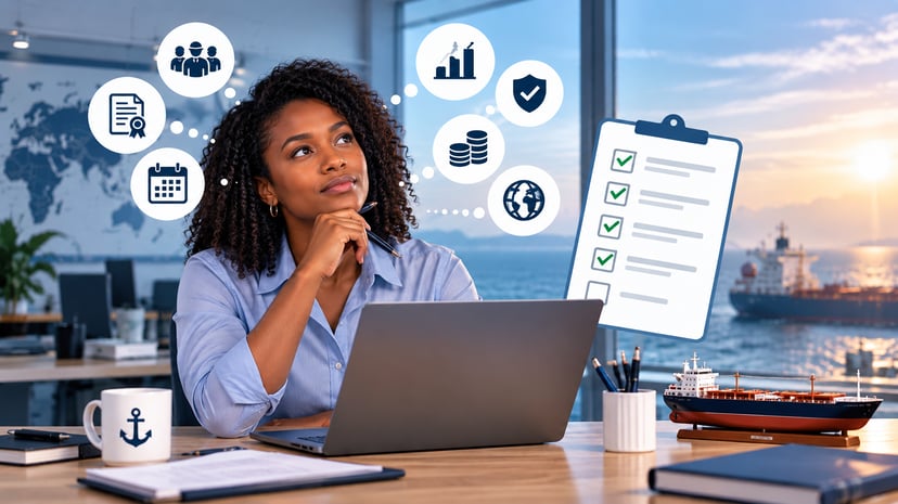 A woman sitting at her desk and thinking about using maritime crew management software