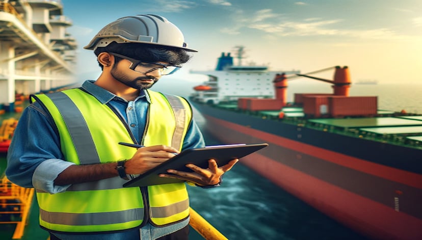 a man working in a deck crew job checking something on a clipboard
