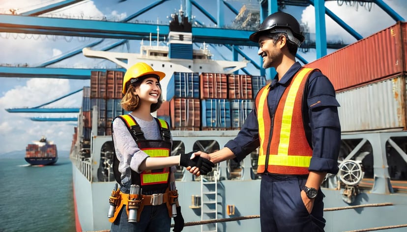 a man working in a seafarer job welcoming a female seafarer onboard