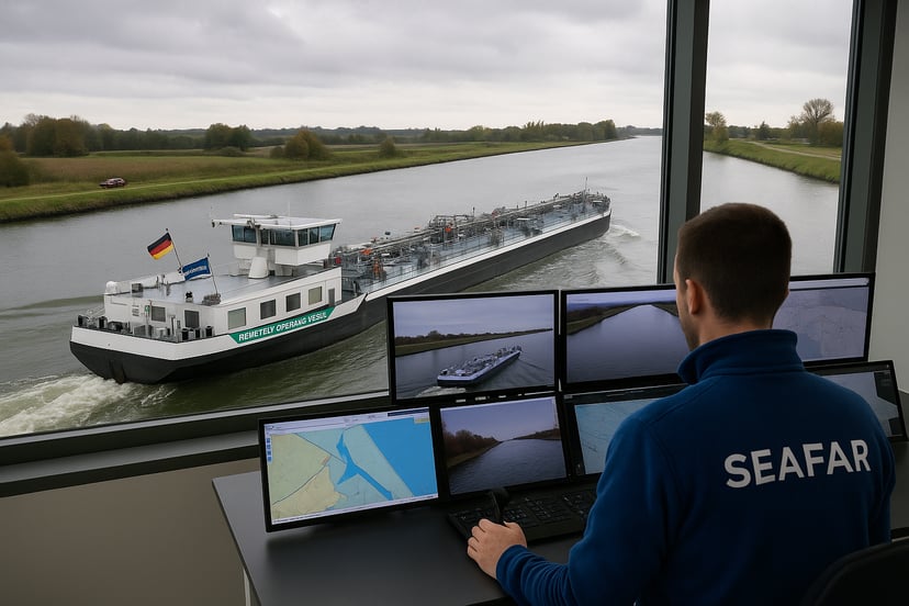 A captain steering a vessel on a German canal from a shore based bridge