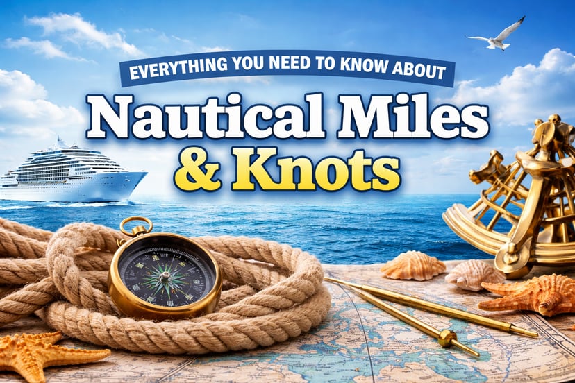 A cruise ship at sea with a rope and compass in the foreground