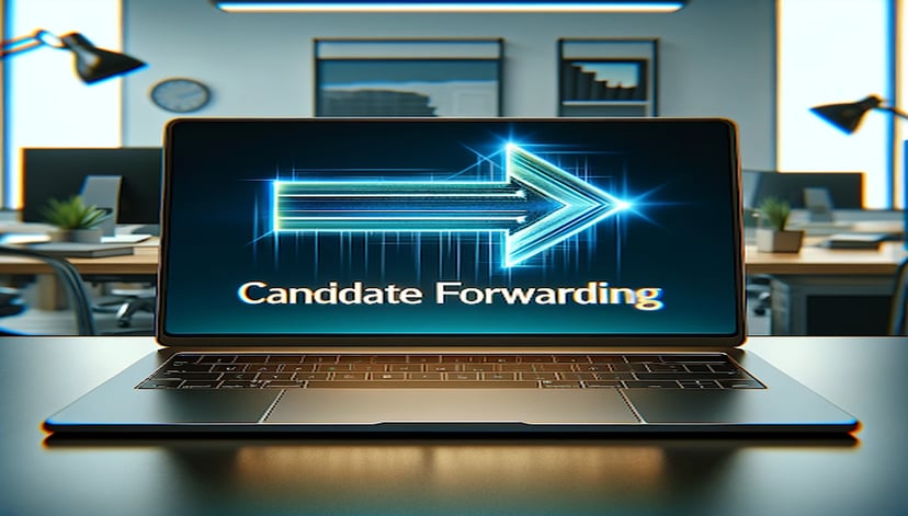a laptop with a blue arrow pointing forward representing Martide's candidate forwarding function