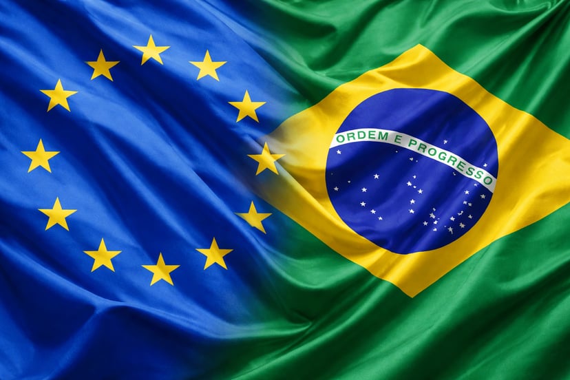 The European Union flag and Brazilian flag morphing into one another