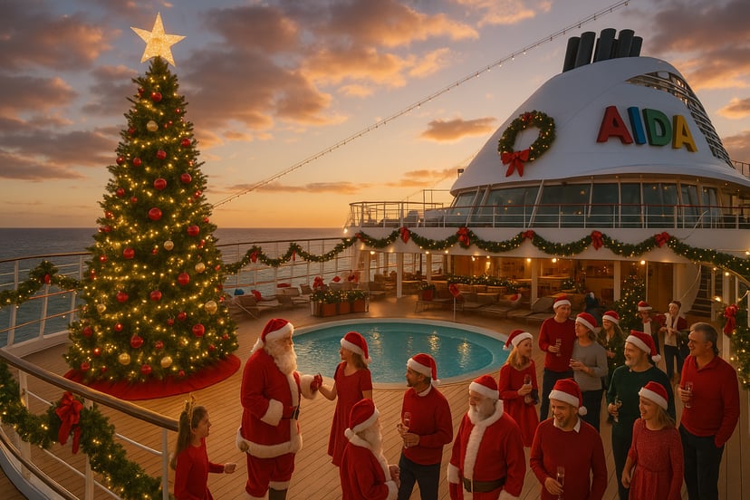 Santa Claus and guests celebrating Christmas on the deck of an AIIDA cruise ship
