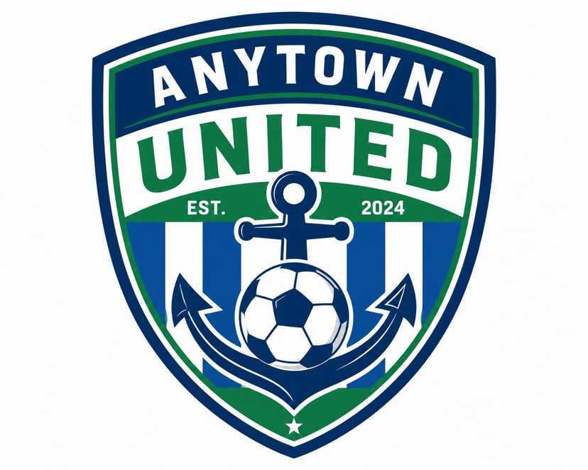 A badge for a fictitious football club called Anytown United. The badge has an anchor and soccer ball o it.