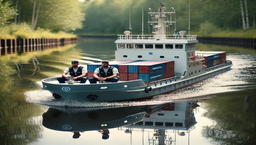 Two seafarers undertaking training in a mini container ship