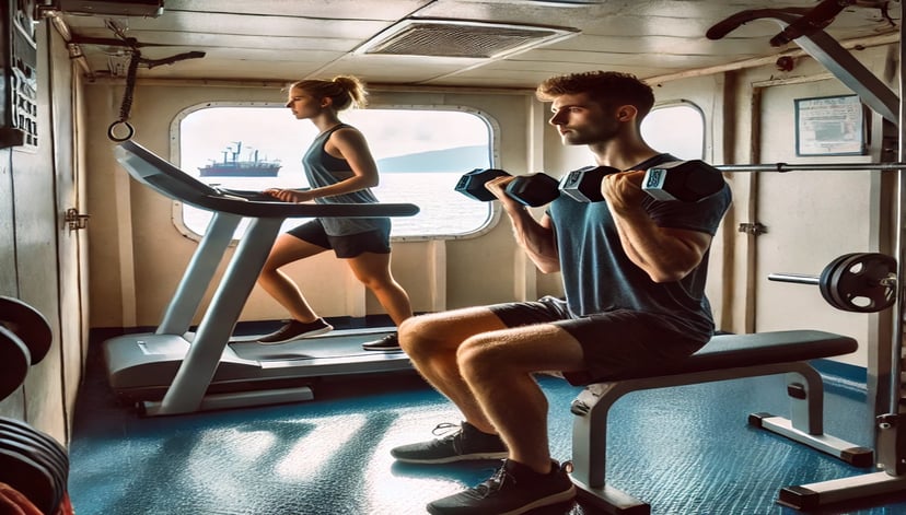 two seafarers working in maritime jobs working out in a ship's gym