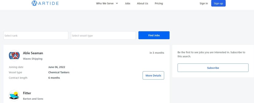 Screenshot of Martide's maritime jobs board and seafarer online resume software