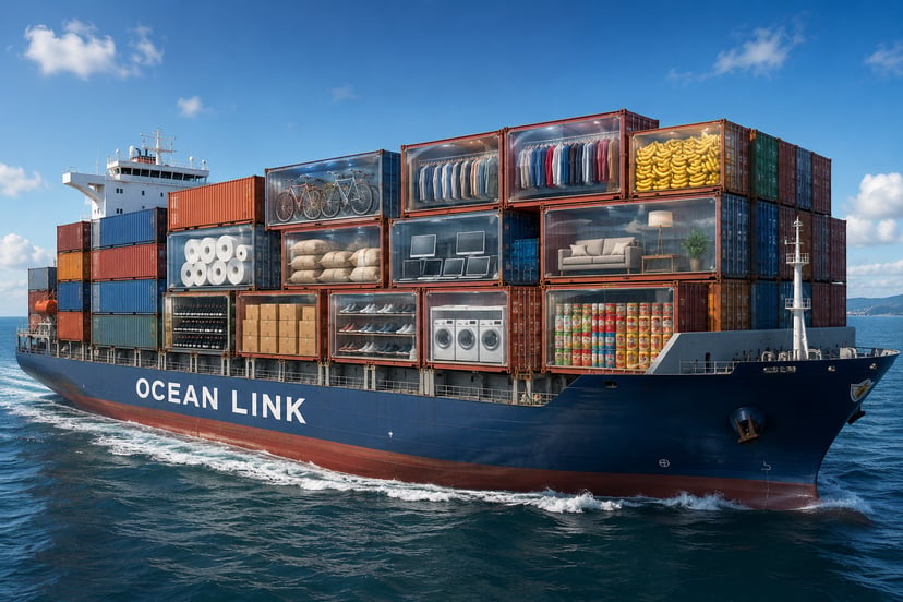 A container ship at sea with some transparent containers showing the cargo in them