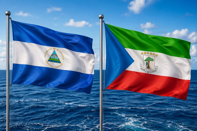 The flags of Nicaragua and Equatorial Guinea against an ocean backdrop