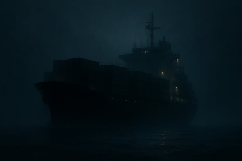 The silhouette of a cargo ship at night
