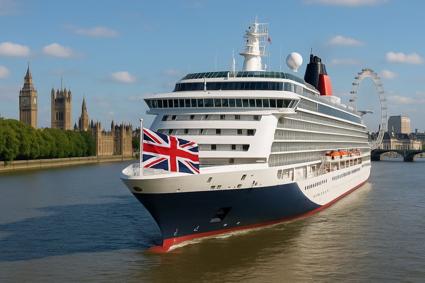 A cruise ship flying the Union Jack flag sailing down the River Thames in London, England