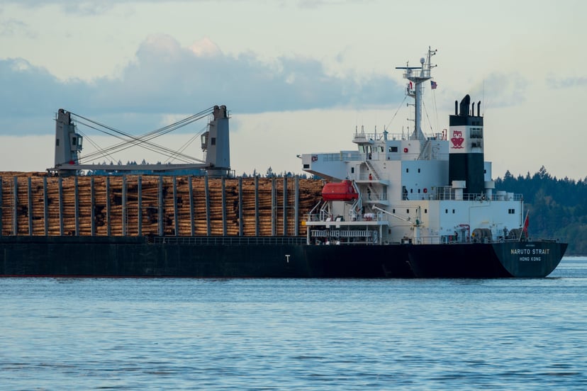 A bulk carrier with a cargo of wood