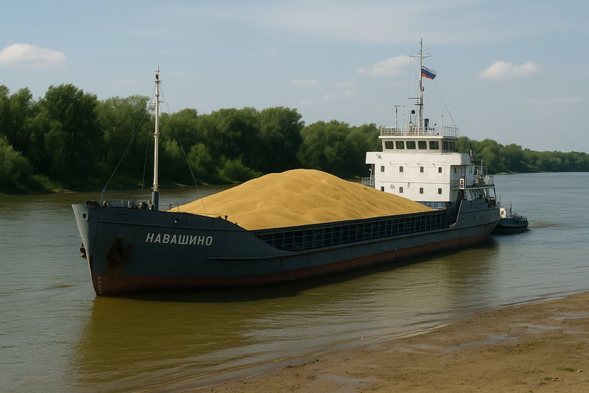 A Russian grain carrier cargo ship on a river