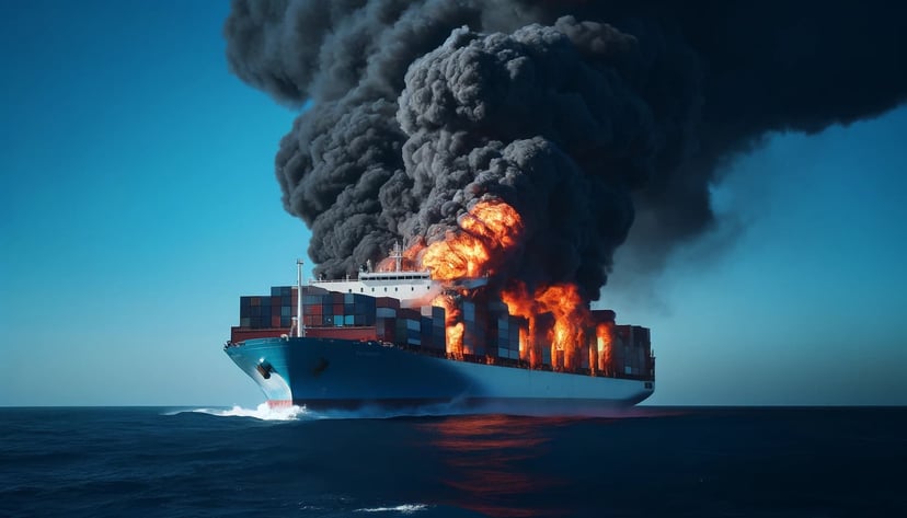 A container ship ablaze at sea